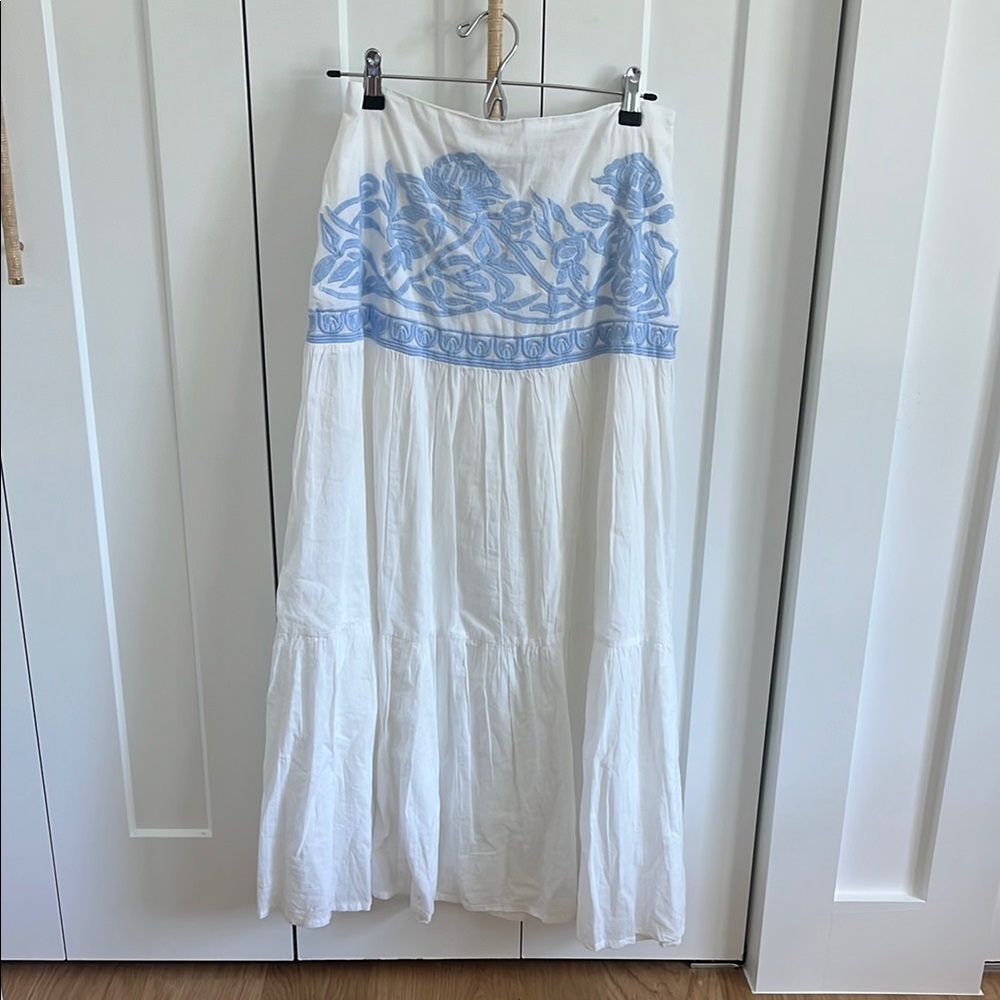 White and Blue Tiered Maxi Skirt Resort Wear